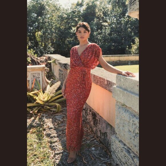 Mac Duggal 5640 Size 18 Coral Orange Sequin Draped Sleeve V-Neck Gown Maxi Dress - Picture 2 of 5